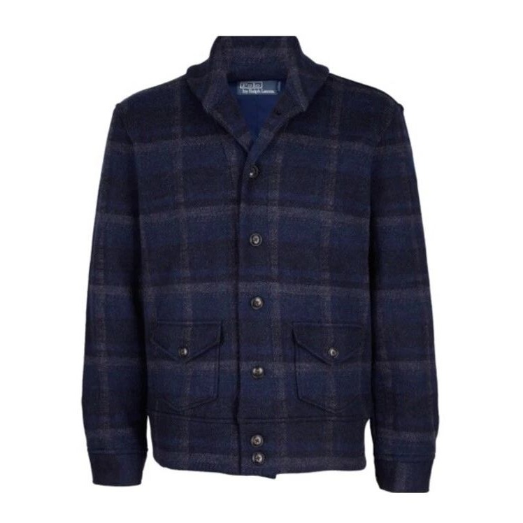 Polo Ralph Lauren Mne's Jacket Wool Knit Navy Tartan Plaid Bomber Size Xl